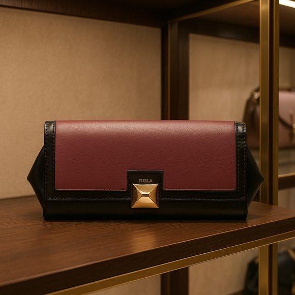 NEW FURLA Cortina Burgundy/Black Leather Cortina Wallet/Clutch - HARD TO FIND